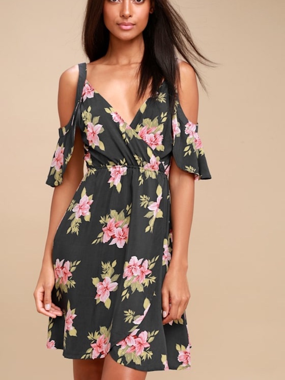 O'Neill Cecilia Charcoal Grey Floral Print Cold Shoulder Wrap Dress